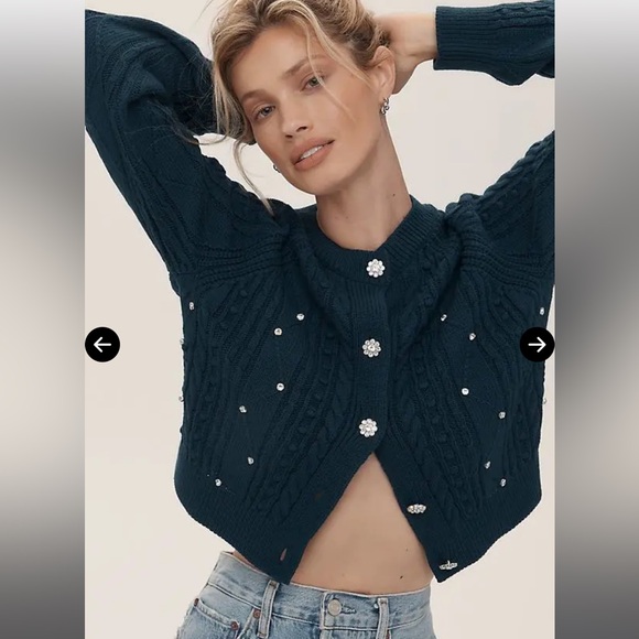NWT Anthropologie Maeve Gem-Embellished Cable Knit Cardigan Sweater Blue L